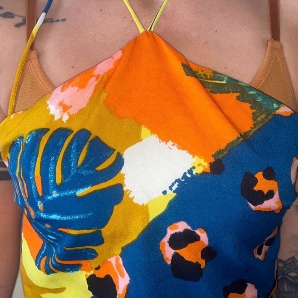 Colorful Tropical Leopard Print Halter Scarf Top Backless Size XS Boho Tank Top - Picture 4 of 5